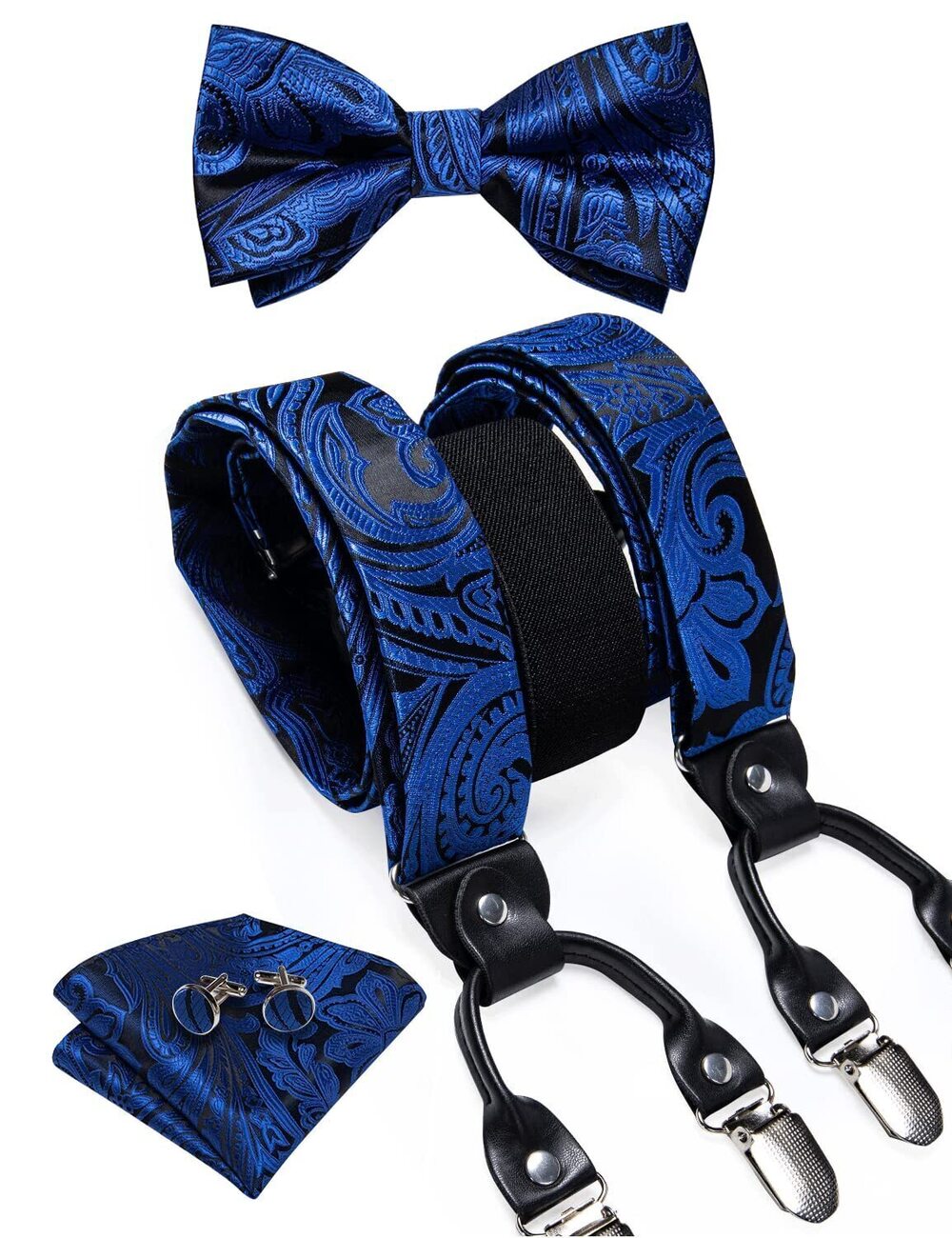 3057 Royal Blue Suspenders Heavy Duty Paisley Suspenders and Bow Tie Set